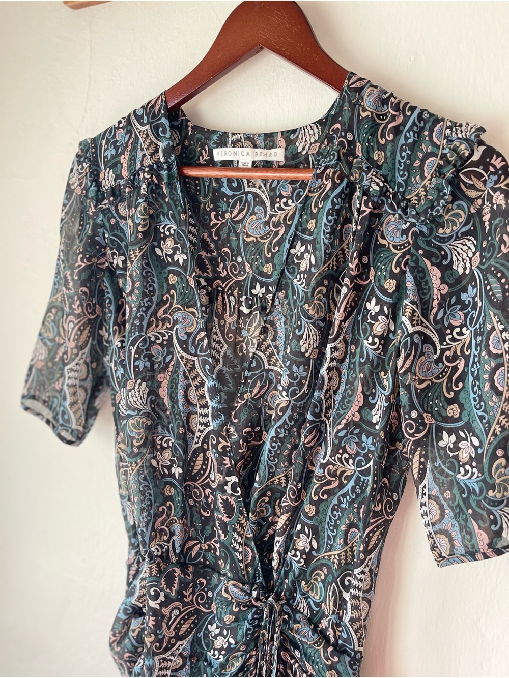 Veronica Beard Dakota Paisley Silk Chiffon Mini Dress Green Ruffle Size 2